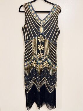 Great Gatsby Roaring 20's evening dress Black Gold Sequin Fringe Flapper Size XL